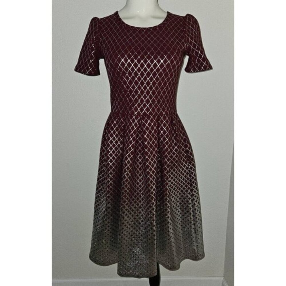 LulaRoe Elegant Amelia Burgundy Silver Foil Fit Flare Dress Pockets Size Small